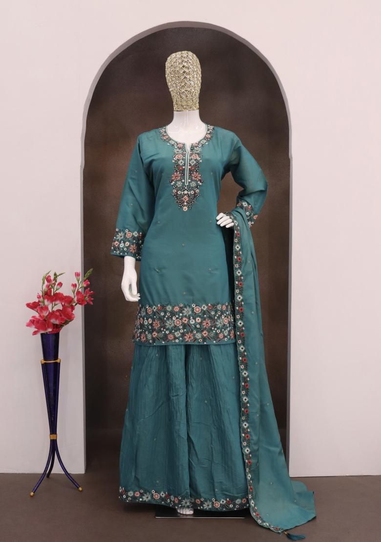 Teal Embroidery Silk Salwar Suit - Indya