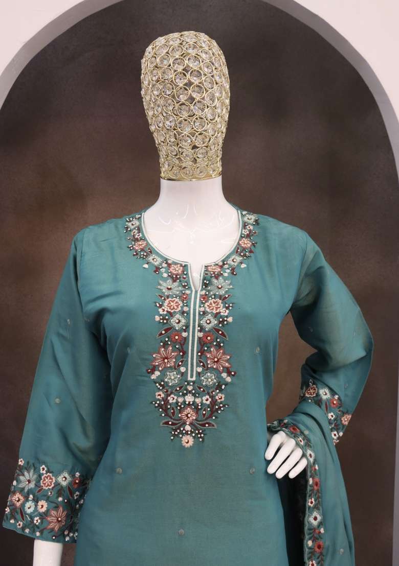 Teal Embroidery Silk Blend Salwar Suit - Indya