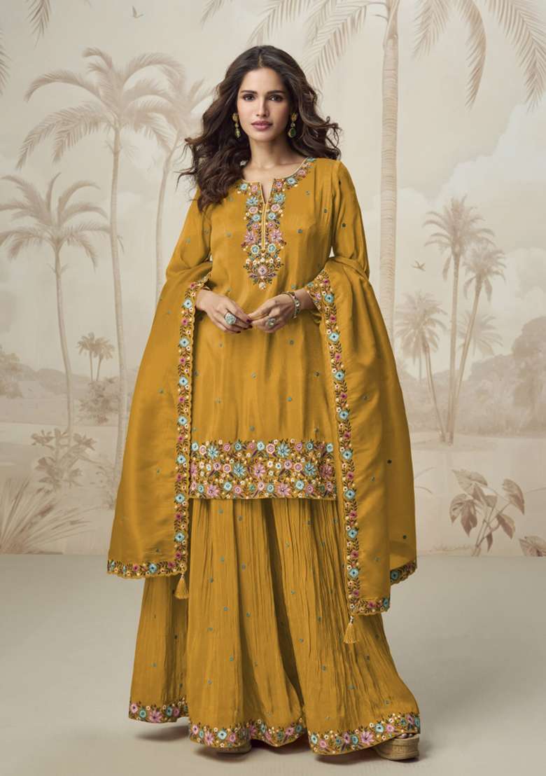 Yellow Embroidery Silk Blend Salwar Suit - Indya