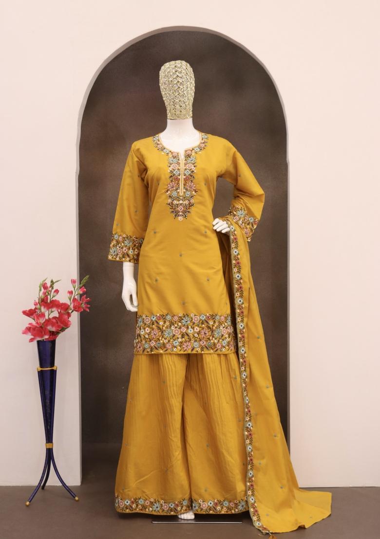 Yellow Embroidery Silk Salwar Suit - Indya