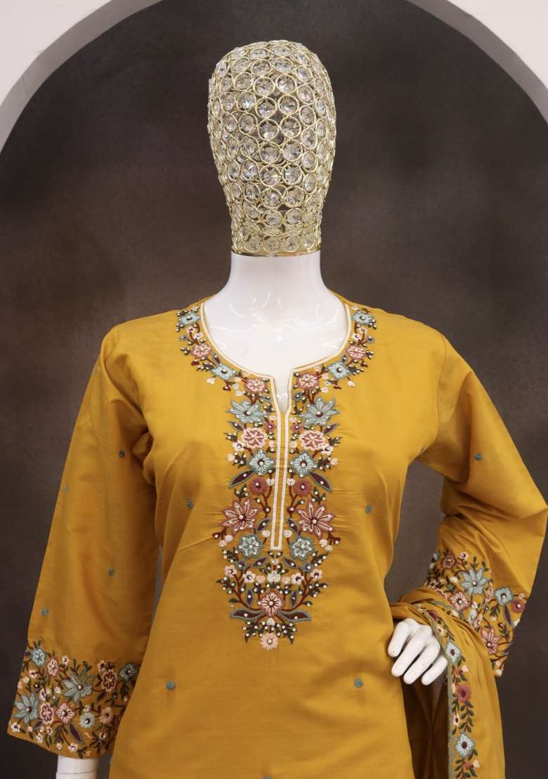 Yellow Embroidery Silk Blend Salwar Suit - Indya