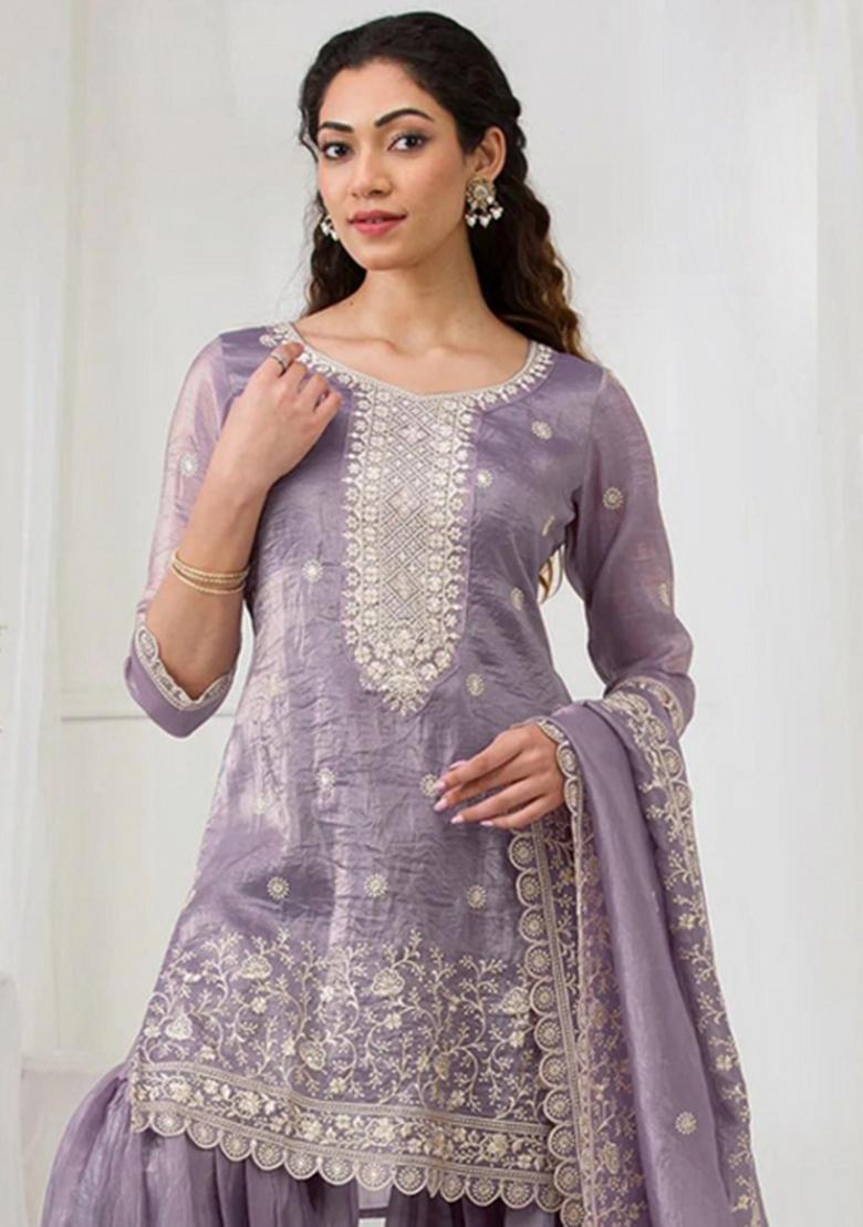 Lavender Embroidery Gold Crush Salwar Suit - Indya