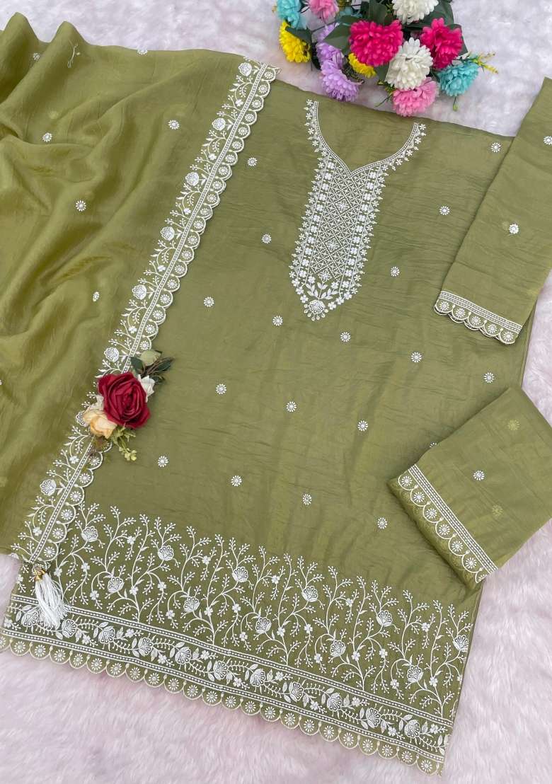 Mehendi Embroidery Gold Crush Salwar Suit - Indya