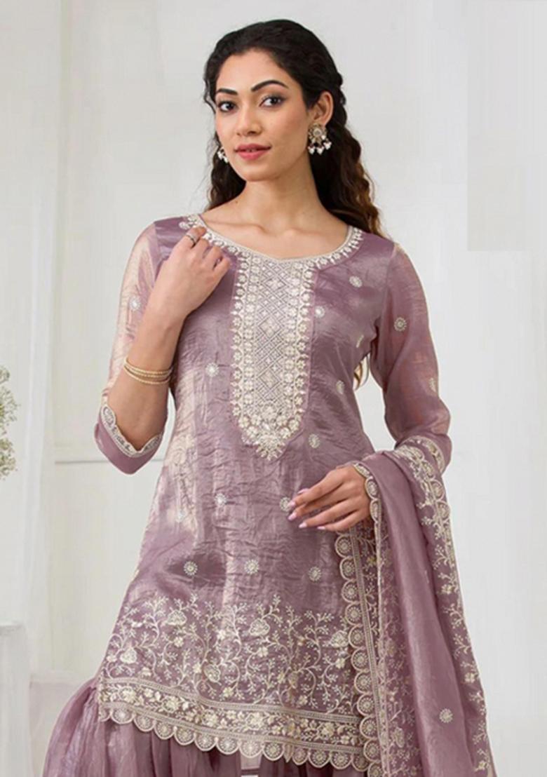 Onion Pink Embroidery Gold Crush Salwar Suit - Indya