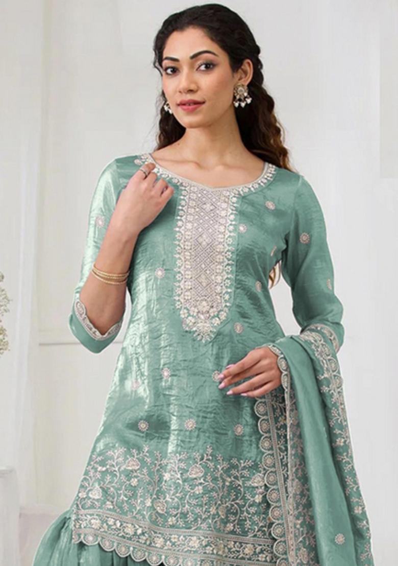 Turquoise Embroidery Gold Crush Salwar Suit - Indya