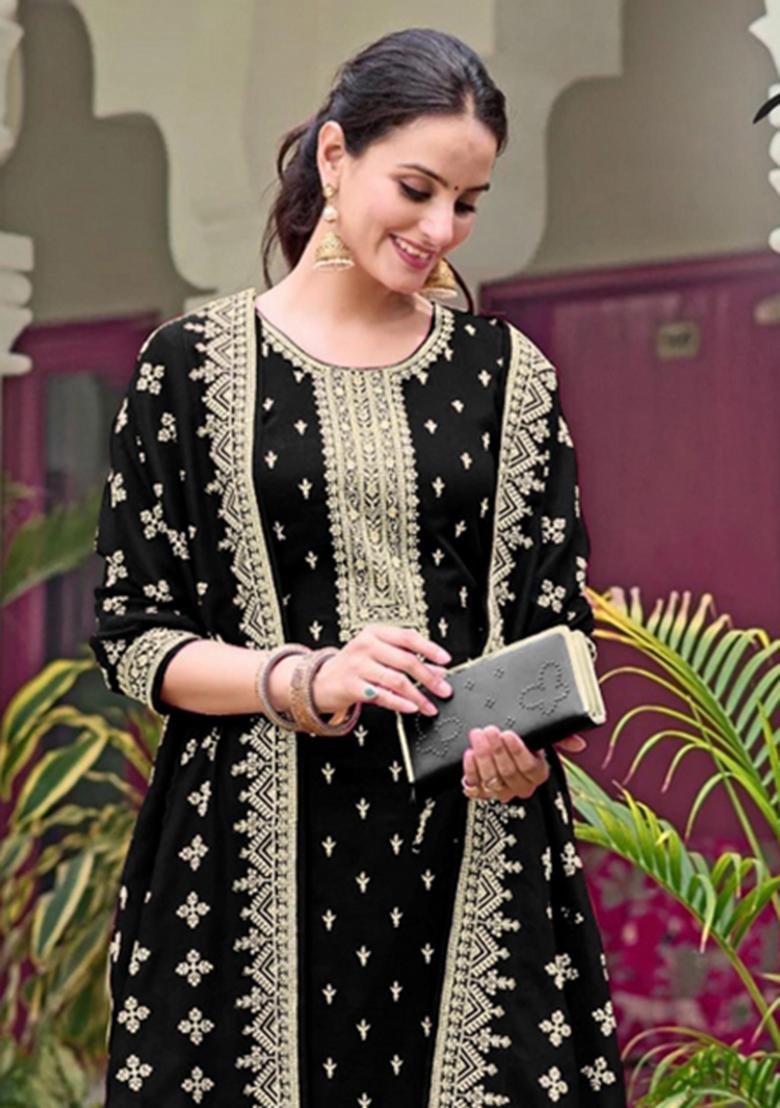 Black Embroidery Georgette Salwar Suit - Indya
