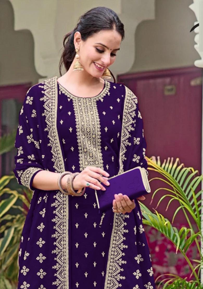 Purple Embroidery Georgette Salwar Suit - Indya
