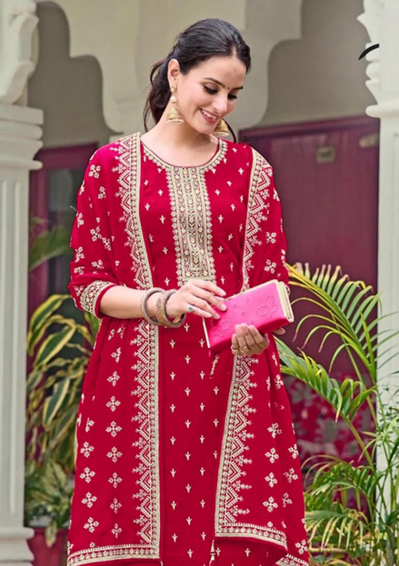 Rani Pink Embroidery Georgette Salwar Suit - Indya
