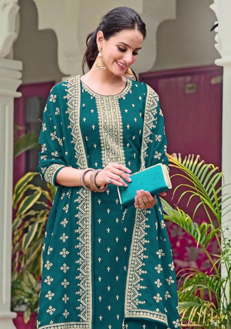 Teal Embroidery Georgette Salwar Suit - Indya