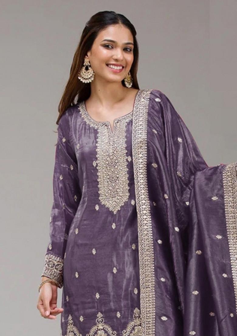 Lavender Embroidery Gold Crush Salwar Suit - Indya