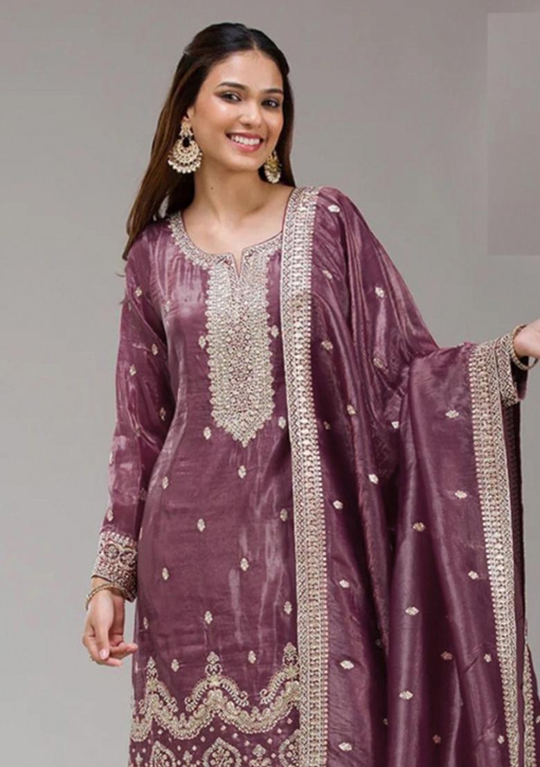 Onion Pink Embroidery Gold Crush Salwar Suit - Indya