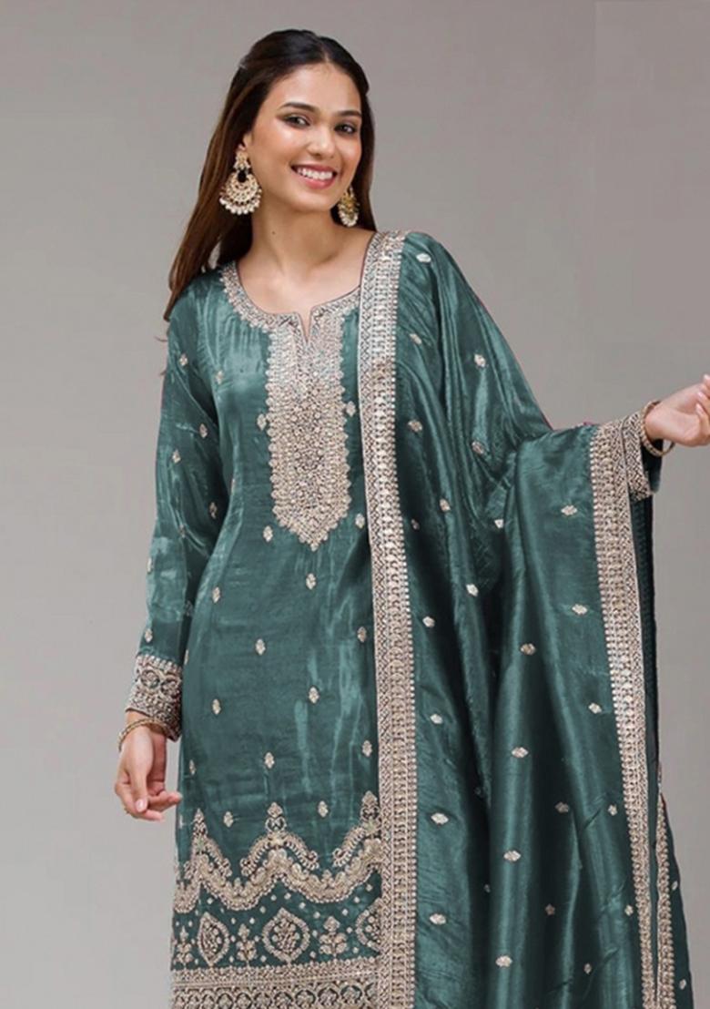 Teal Embroidery Gold Crush Salwar Suit - Indya