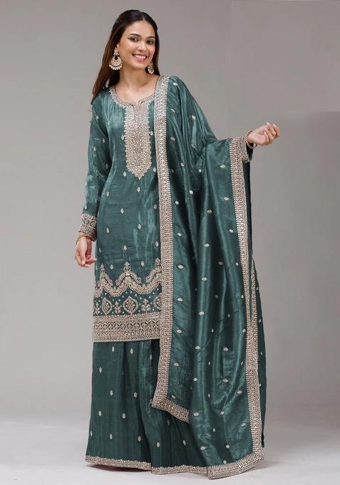 Teal Embroidery Gold Crush Salwar Suit