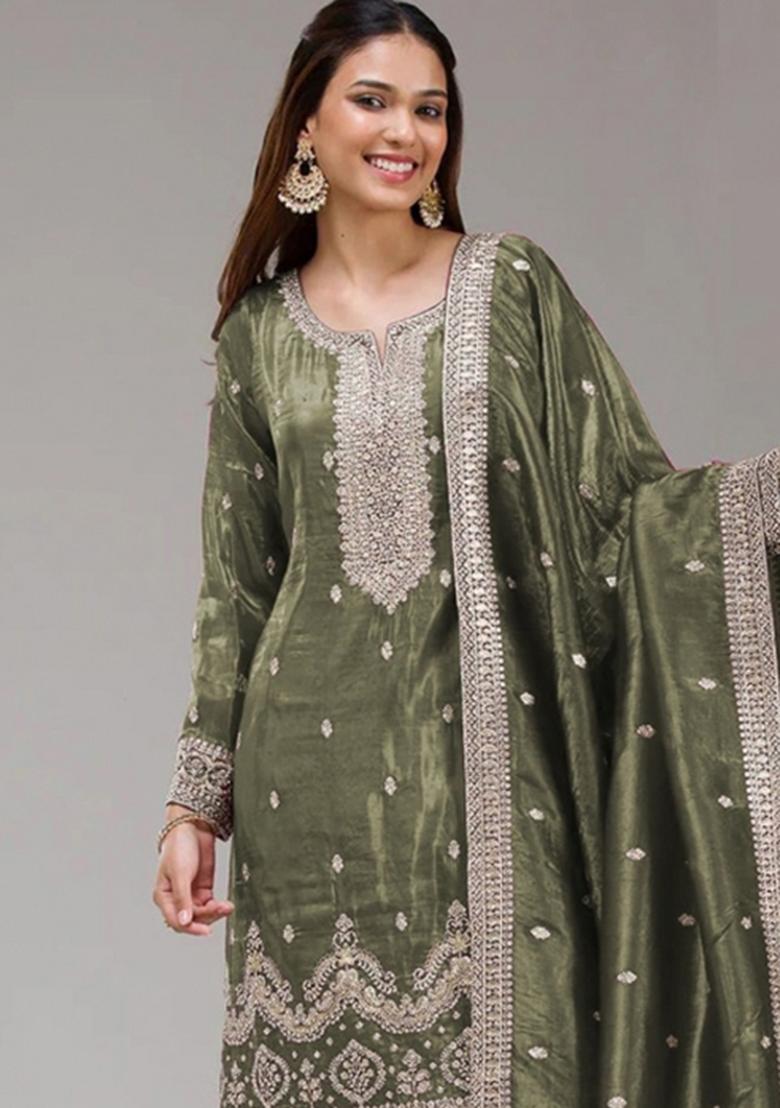 Mehendi Embroidery Gold Crush Salwar Suit - Indya