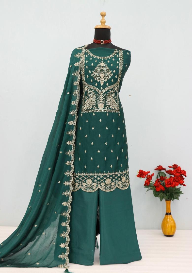 Green Embroidery Rangoli Salwar Suit - Indya