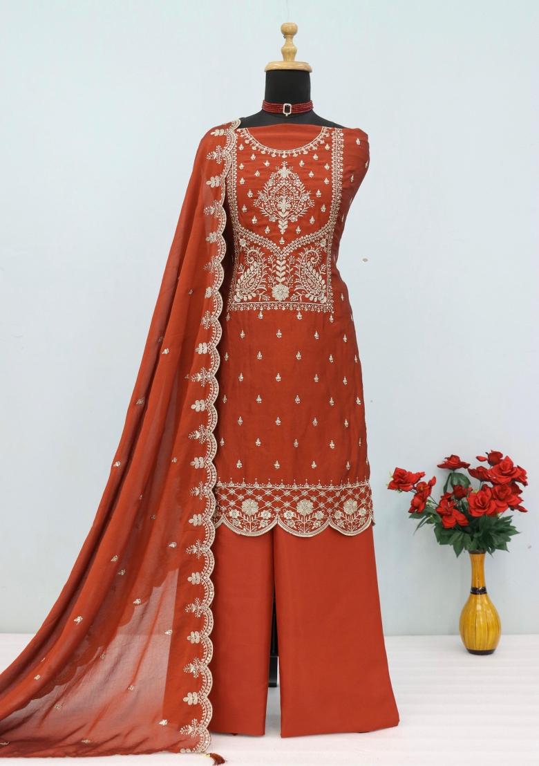 Orange Embroidery Rangoli Salwar Suit - Indya
