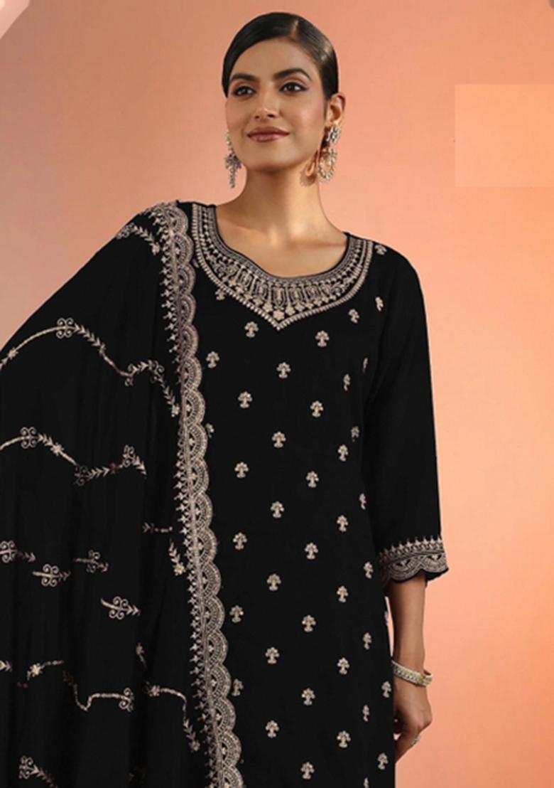 Black Embroidery Georgette Salwar Suit - Indya