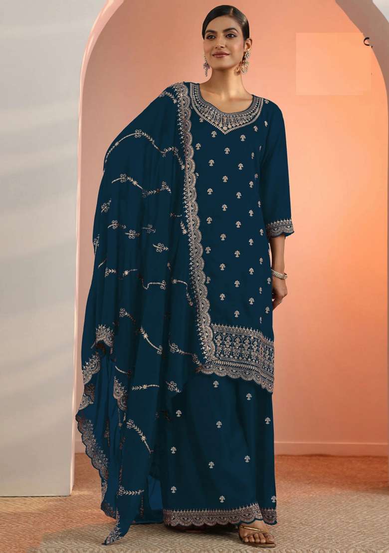 Blue Embroidery Georgette Salwar Suit - Indya