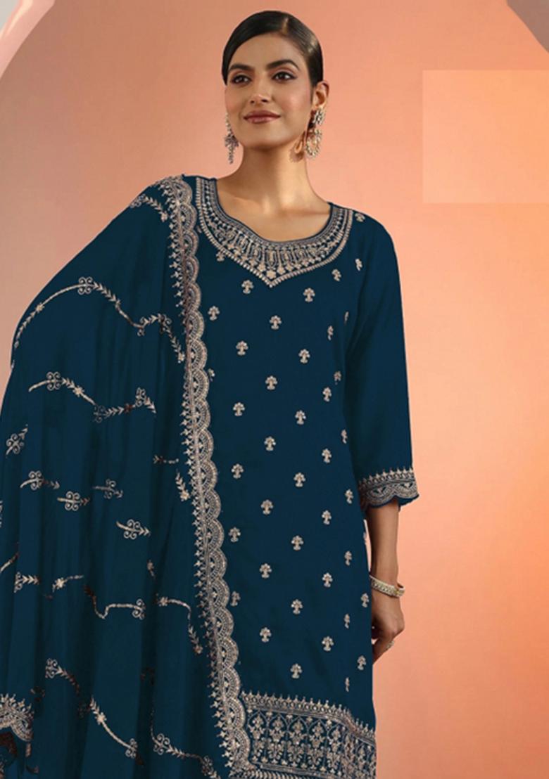 Blue Embroidery Georgette Salwar Suit - Indya