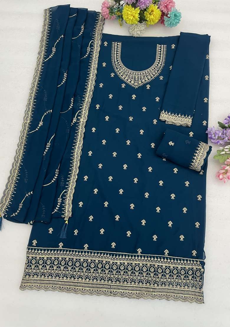 Blue Embroidery Georgette Salwar Suit - Indya