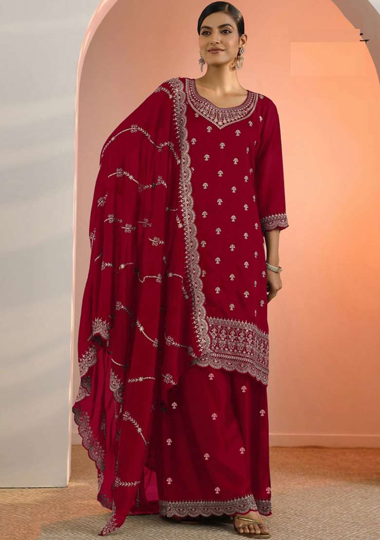 Red Embroidery Georgette Salwar Suit - Indya