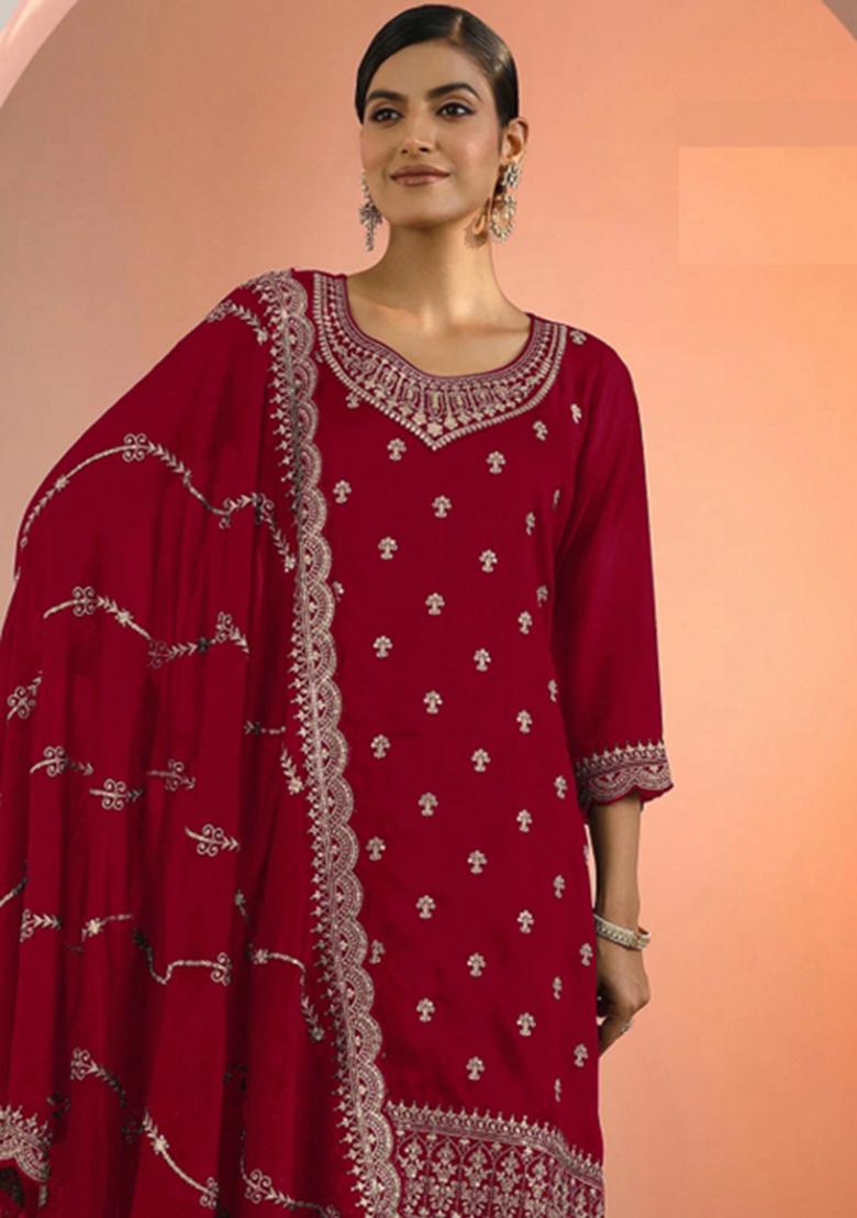 Red Embroidery Georgette Salwar Suit - Indya