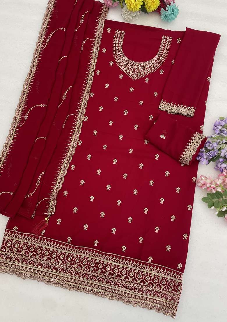 Red Embroidery Georgette Salwar Suit - Indya