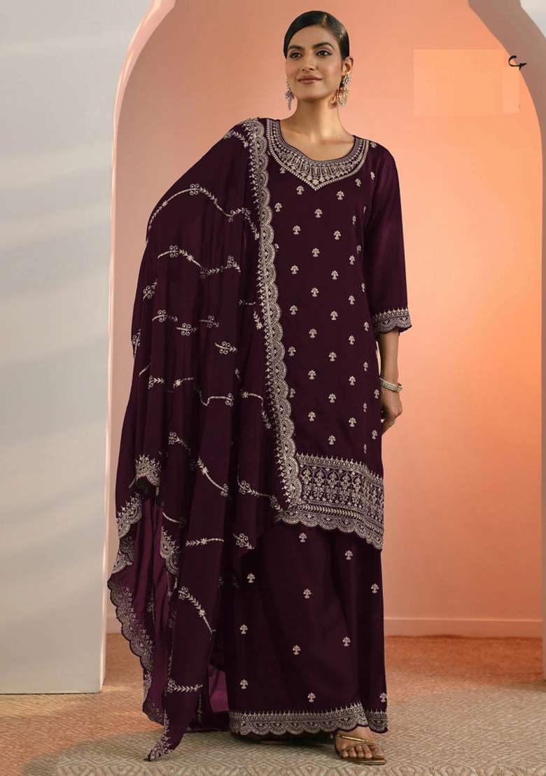 Wine Embroidery Georgette Salwar Suit - Indya