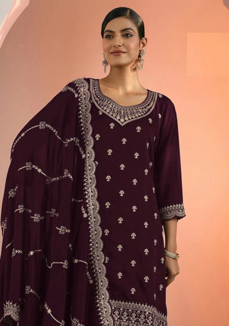 Wine Embroidery Georgette Salwar Suit - Indya