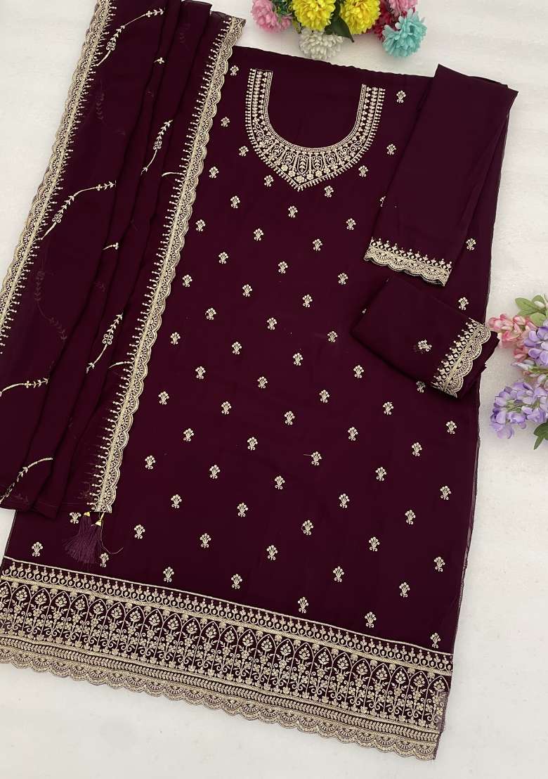 Wine Embroidery Georgette Salwar Suit - Indya