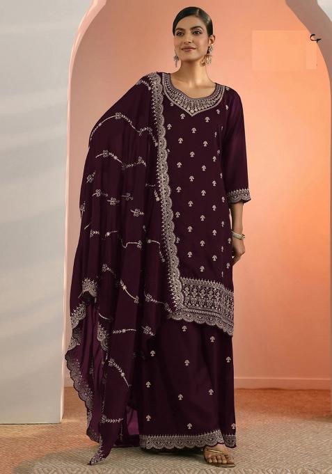 Wine Embroidery Georgette Salwar Suit