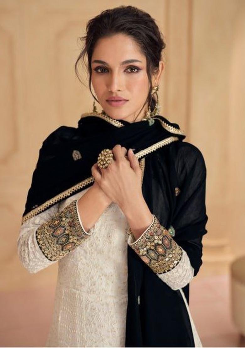 White Embroidery Georgette Salwar Suit - Indya