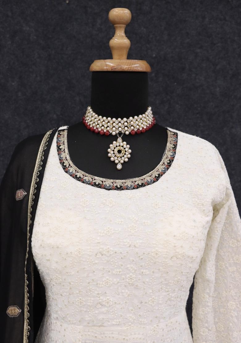 White Embroidery Georgette Salwar Suit - Indya
