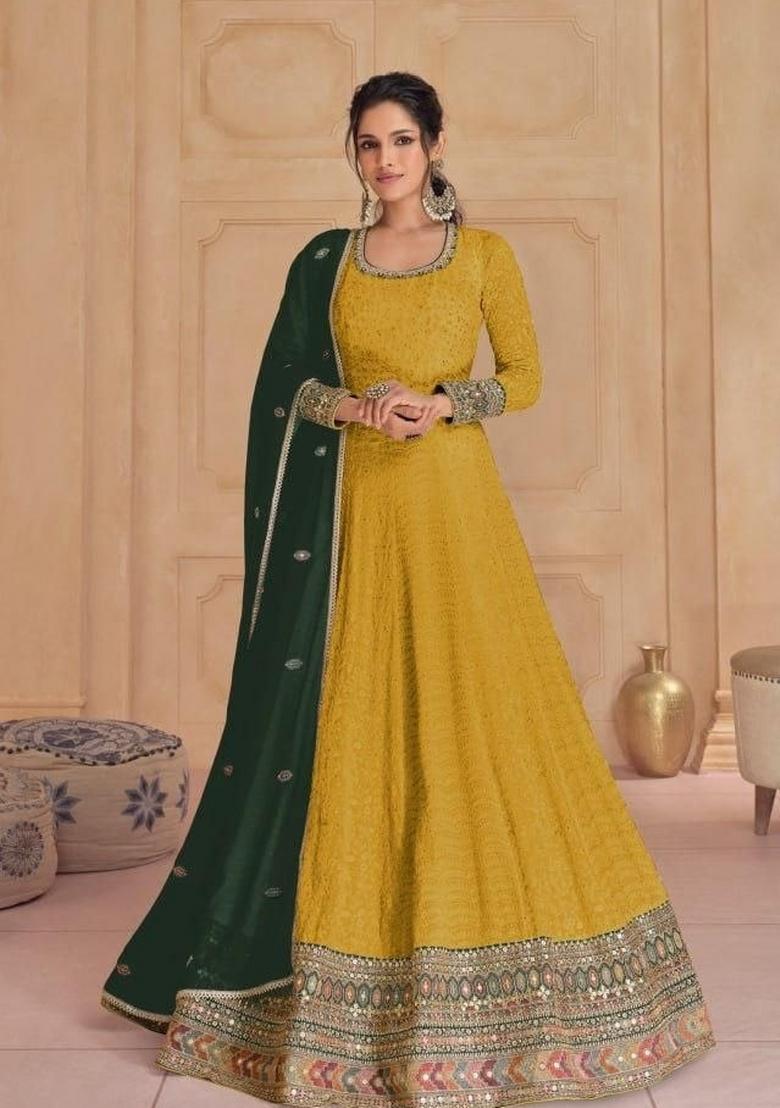 Yellow Embroidery Georgette Salwar Suit - Indya