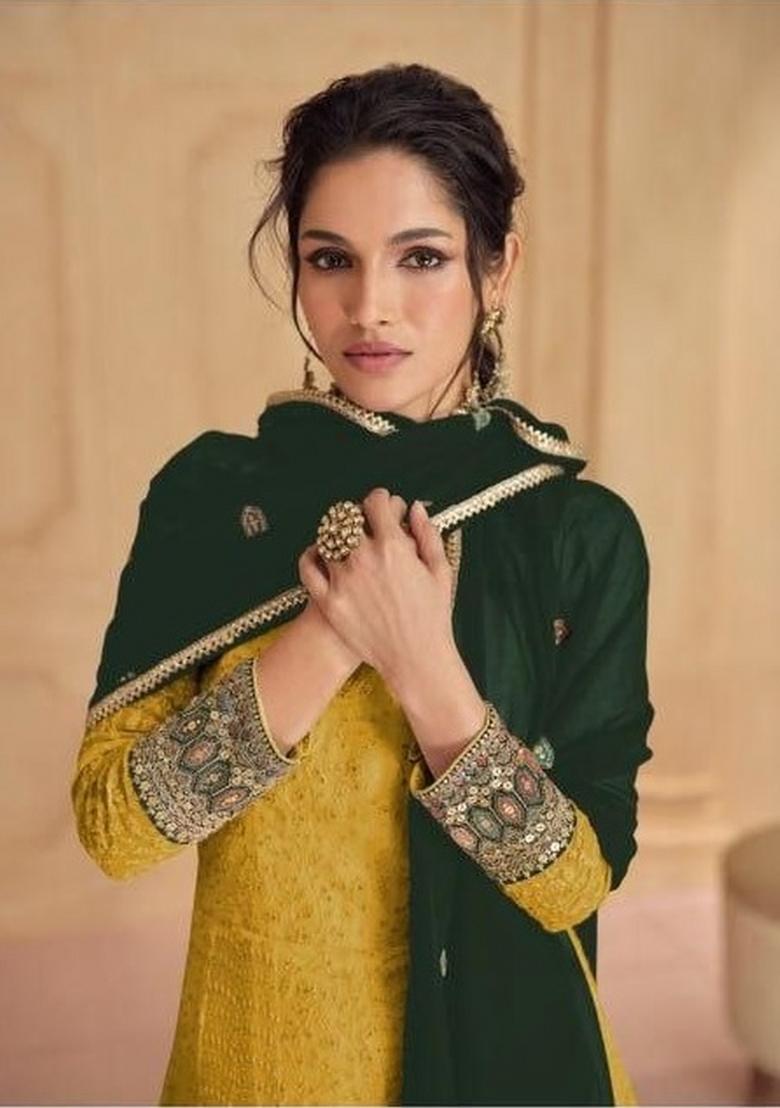 Yellow Embroidery Georgette Salwar Suit - Indya
