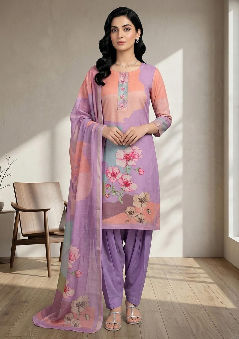 Purple Printed Linen Salwar Kameez - Indya
