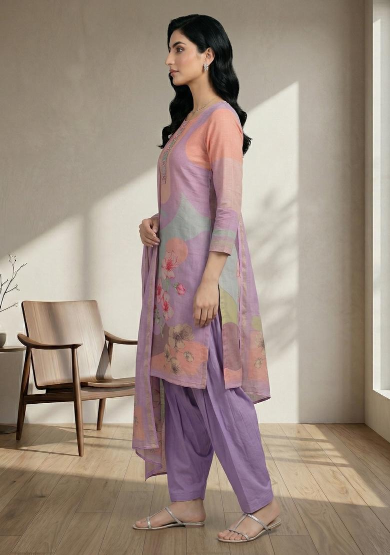 Purple Printed Linen Salwar Kameez - Indya