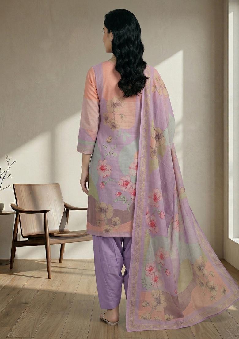 Purple Printed Linen Salwar Kameez - Indya