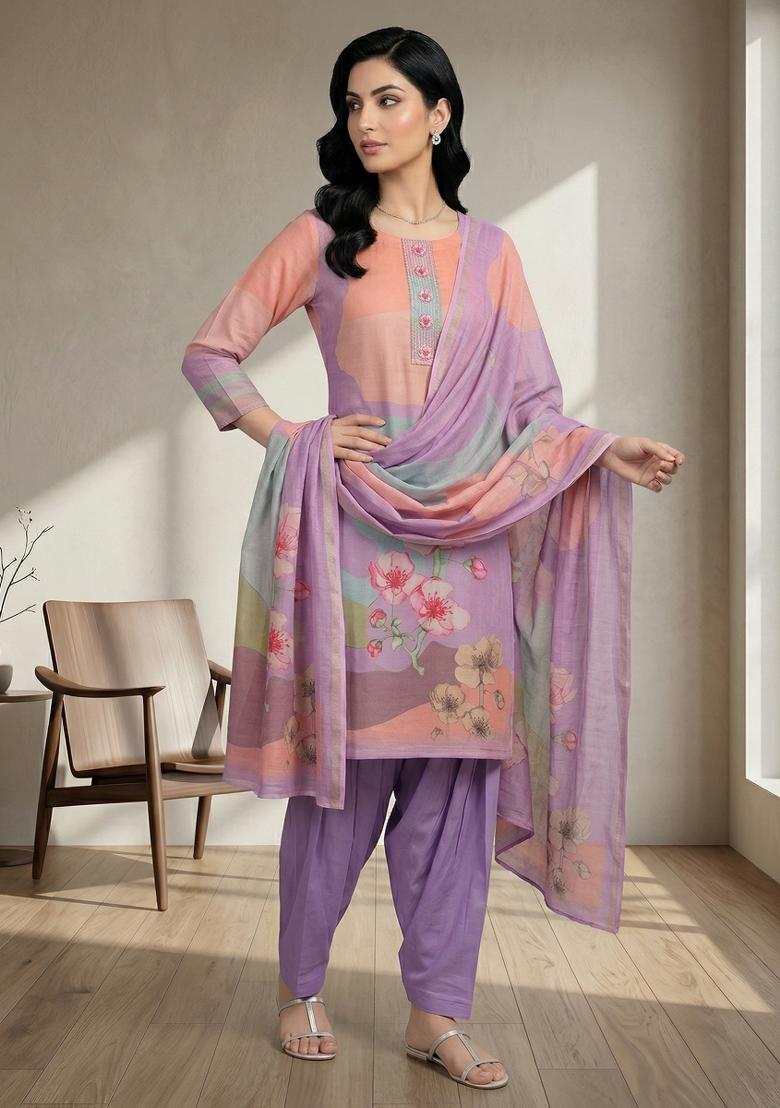 Purple Printed Linen Salwar Kameez - Indya