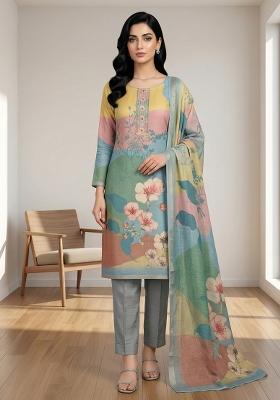 Teal Printed Linen Salwar Kameez