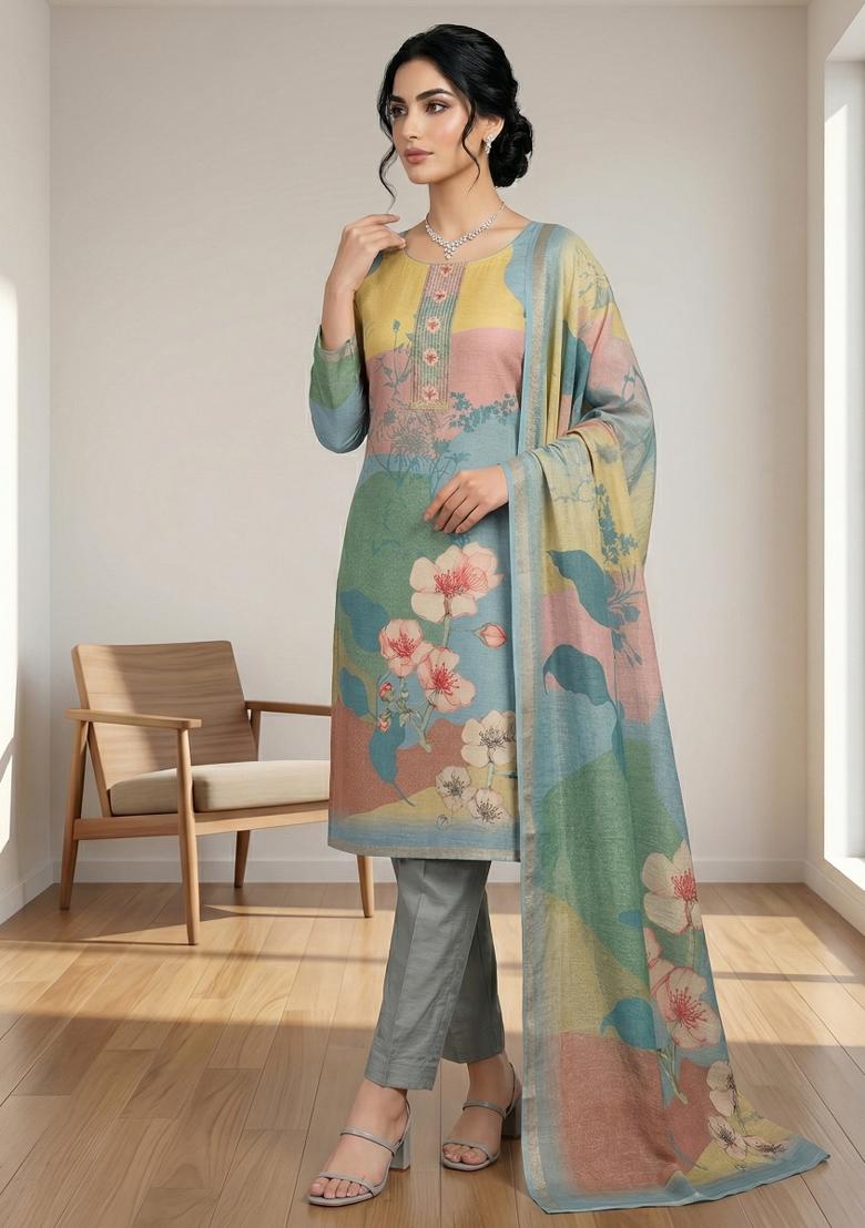 Teal Printed Linen Salwar Kameez - Indya