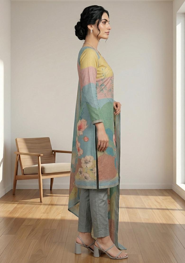 Teal Printed Linen Salwar Kameez - Indya