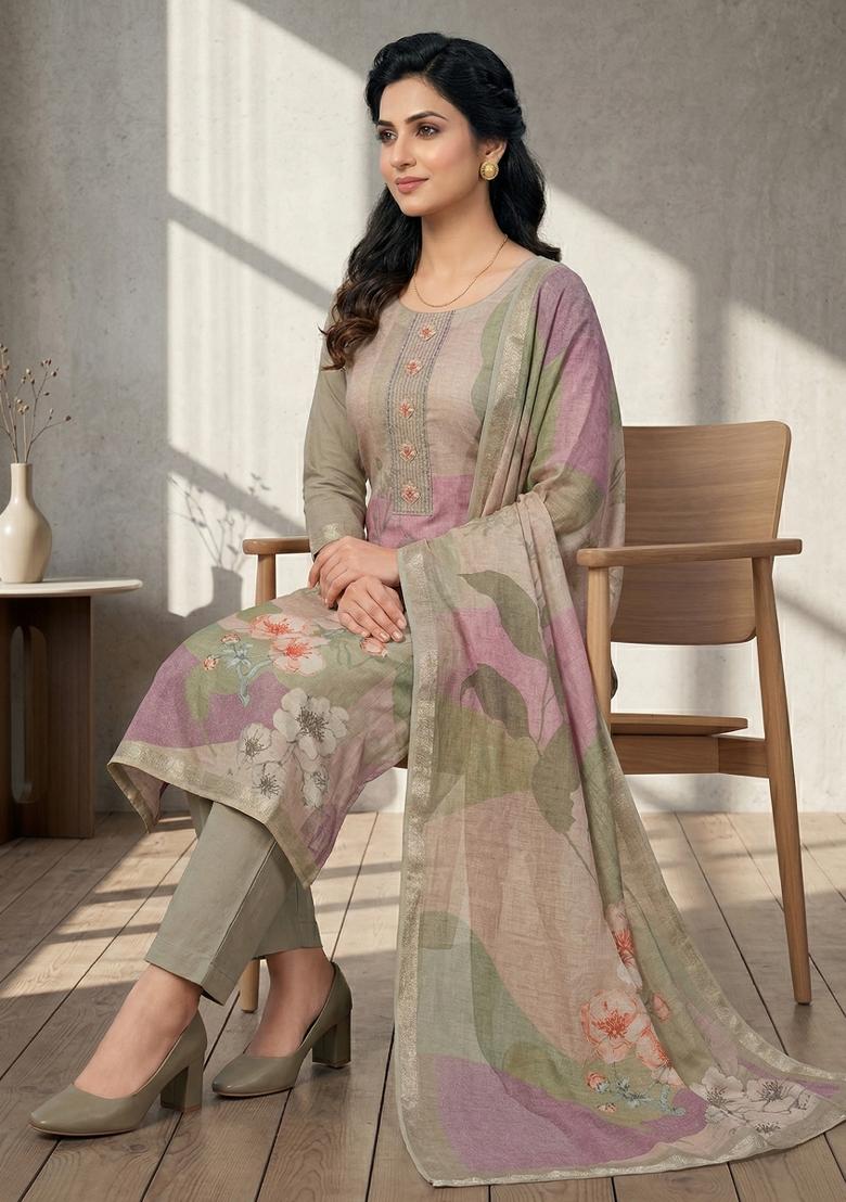 Olive Printed Linen Salwar Kameez - Indya
