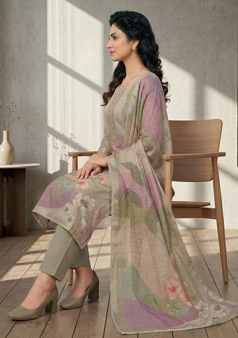 Olive Printed Linen Salwar Kameez - Indya