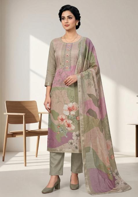 Olive Printed Linen Salwar Kameez