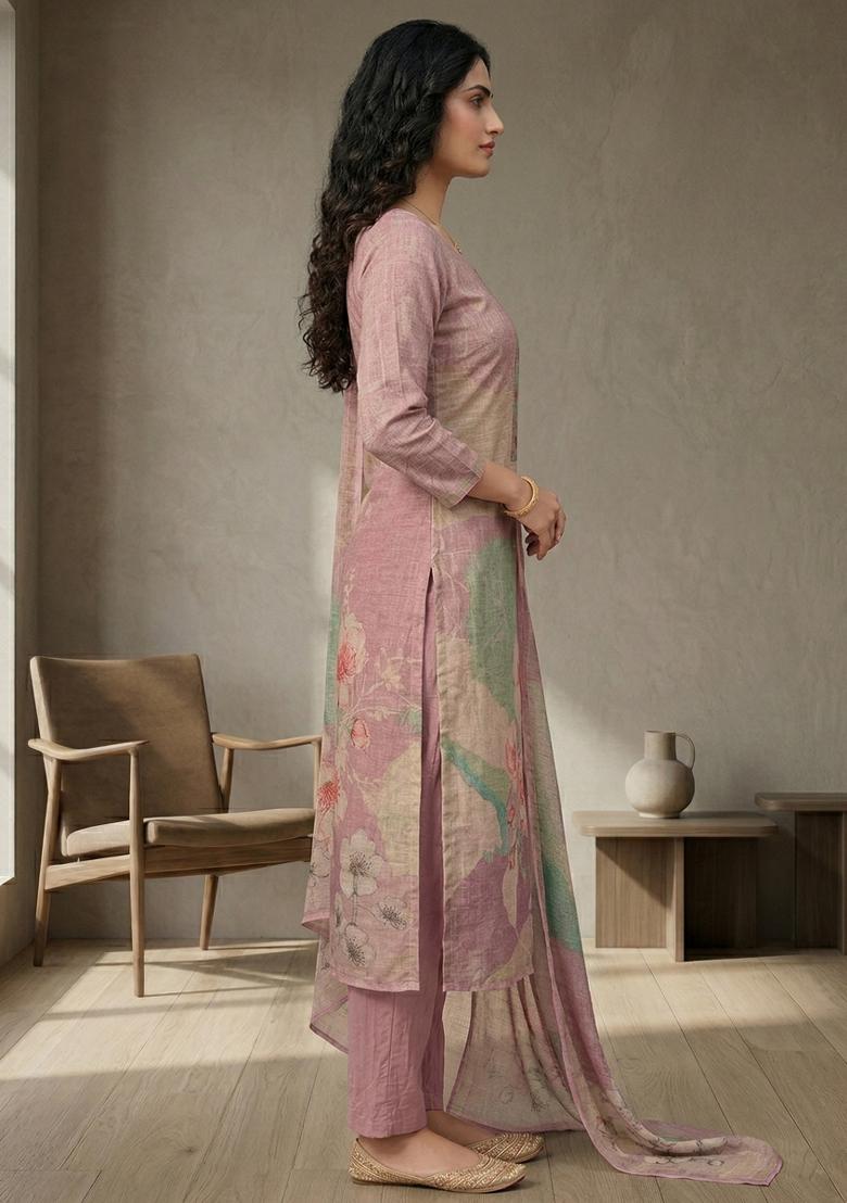 Pink Printed Linen Salwar Kameez - Indya