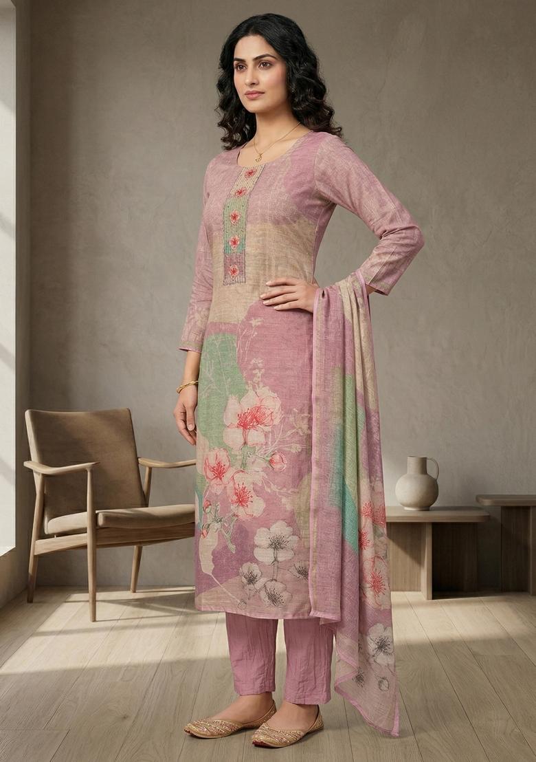 Pink Printed Linen Salwar Kameez - Indya