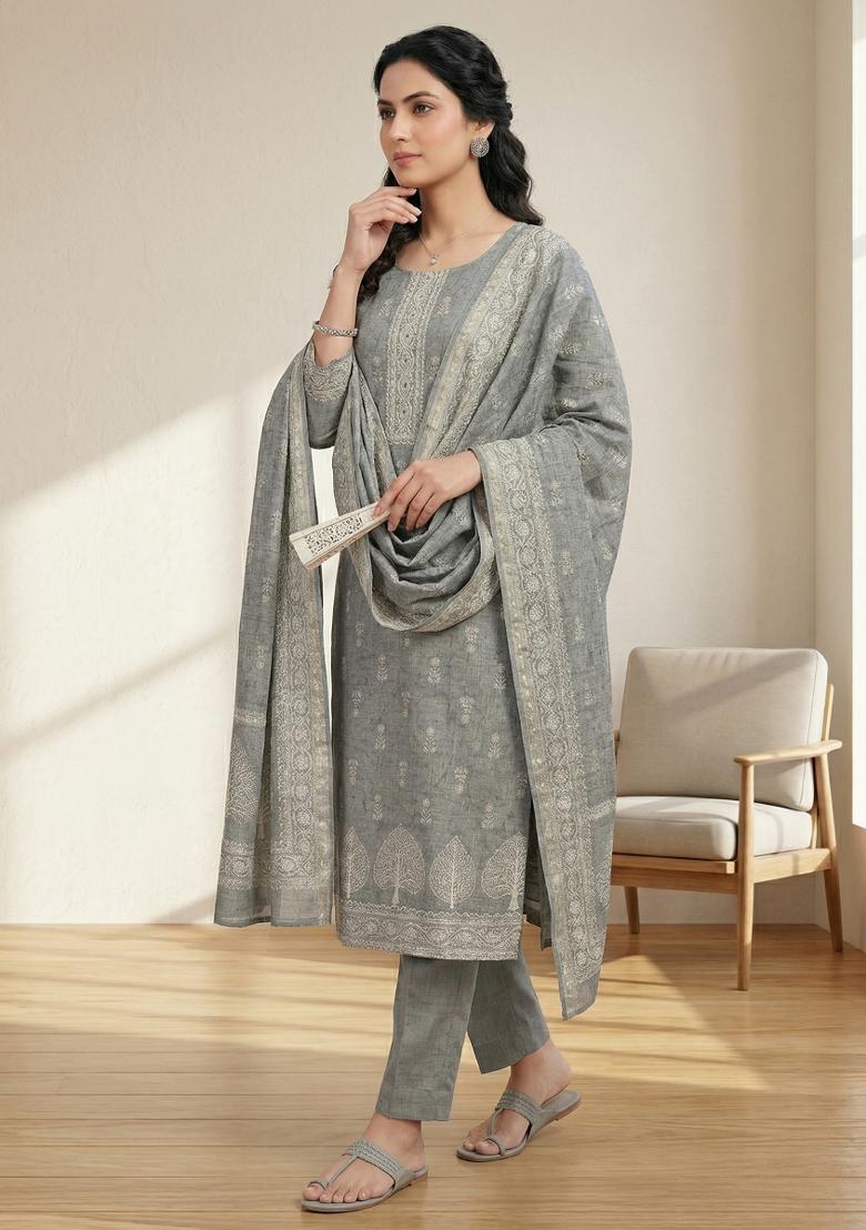 Grey Printed Linen Salwar Kameez - Indya