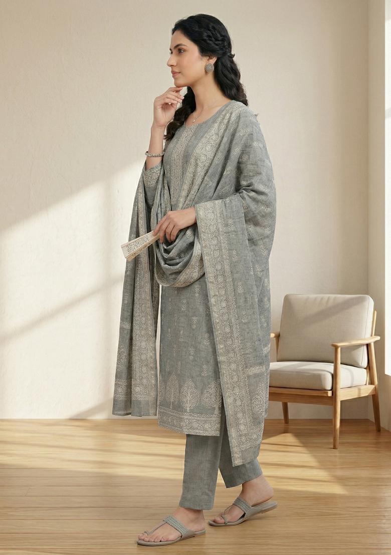 Grey Printed Linen Salwar Kameez - Indya