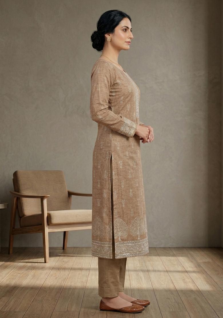 Orange Printed Linen Salwar Kameez - Indya